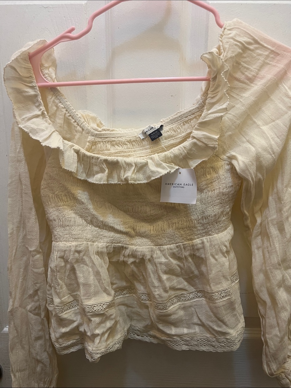 American Eagle Outfitters Cream Ruffle Long-Sleeve Peasant Top